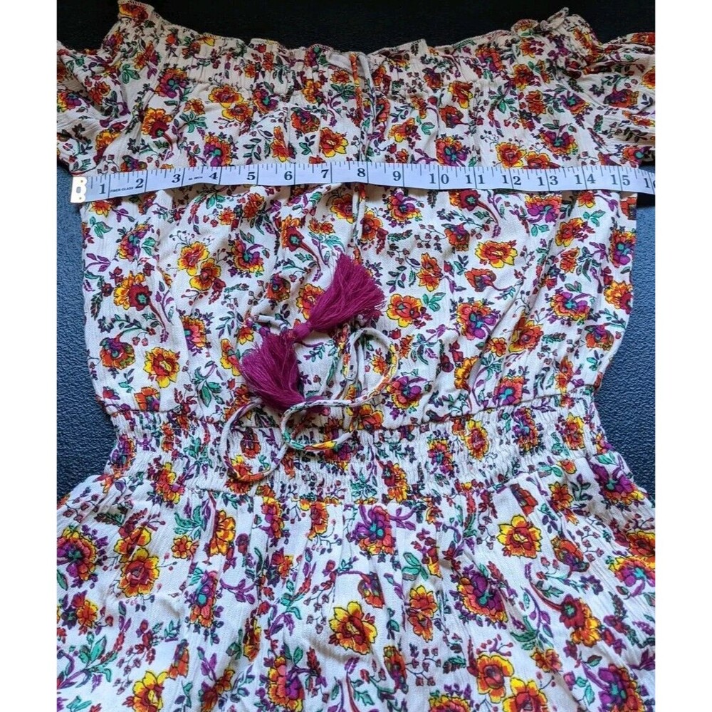 Raga Mini Tunic Dress Floral Tassel Shirred Bohemian Off Shoulder Size Small - Picture 5 of 11